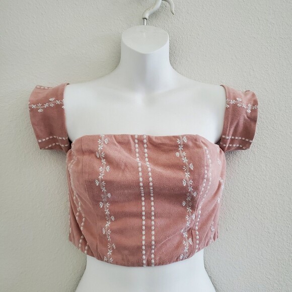 Honey Belle Tops - Honey Belle Crop Top Medium Pink Embroidered Floral Boho Romantic Fairy